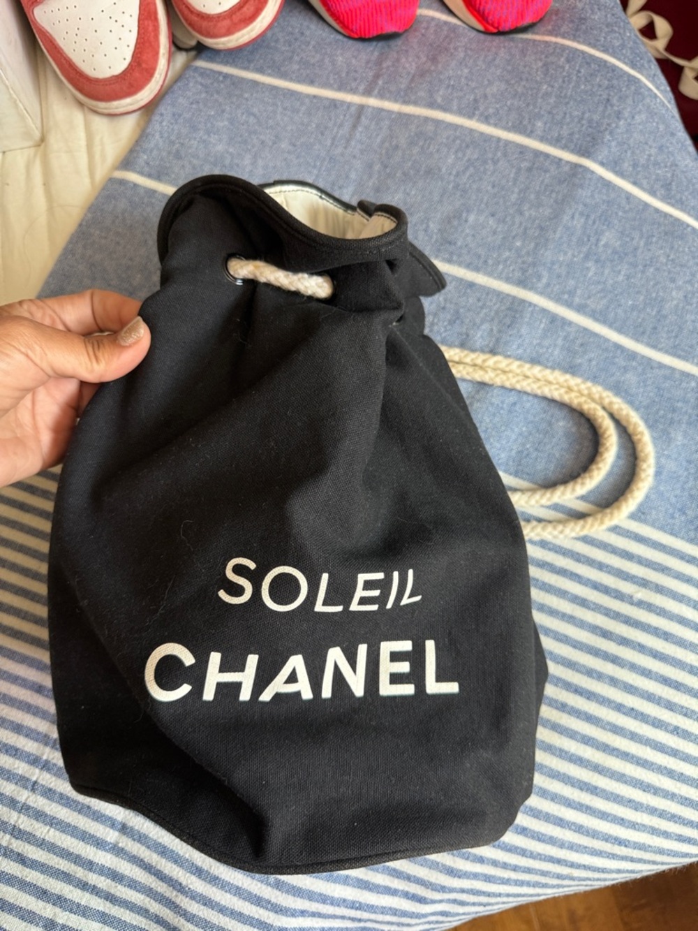 CHANEL Soleil Black Canvas Drawstring Backpack with White Rope